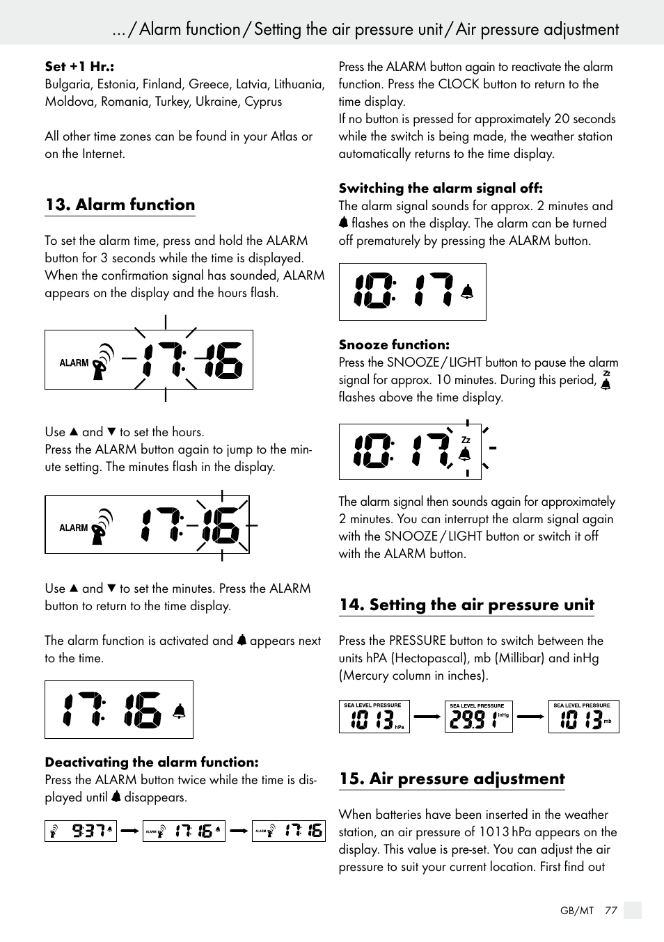 Alarm function, Setting the air pressure unit, Air pressure adjustment | Auriol H13726 User Manual | Page 77 / 104