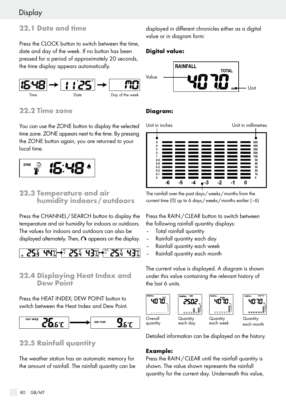 1 date and time, 2 time zone, 3 temperature and air humidity indoors / outdoors | 4 displaying heat index and dew point, 5 rainfall quantity, Display, 3 temperature and air humidity indoors / outdoors, 4 displaying heat index and dew point | Auriol H13726 User Manual | Page 80 / 104