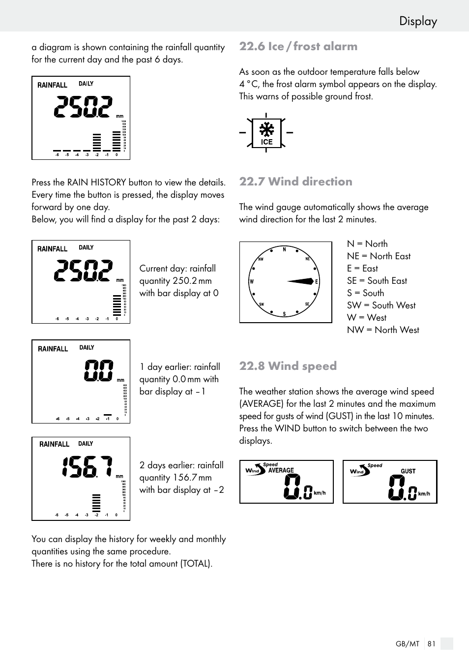 6 ice / frost alarm, 7 wind direction, 8 wind speed | Display | Auriol H13726 User Manual | Page 81 / 104