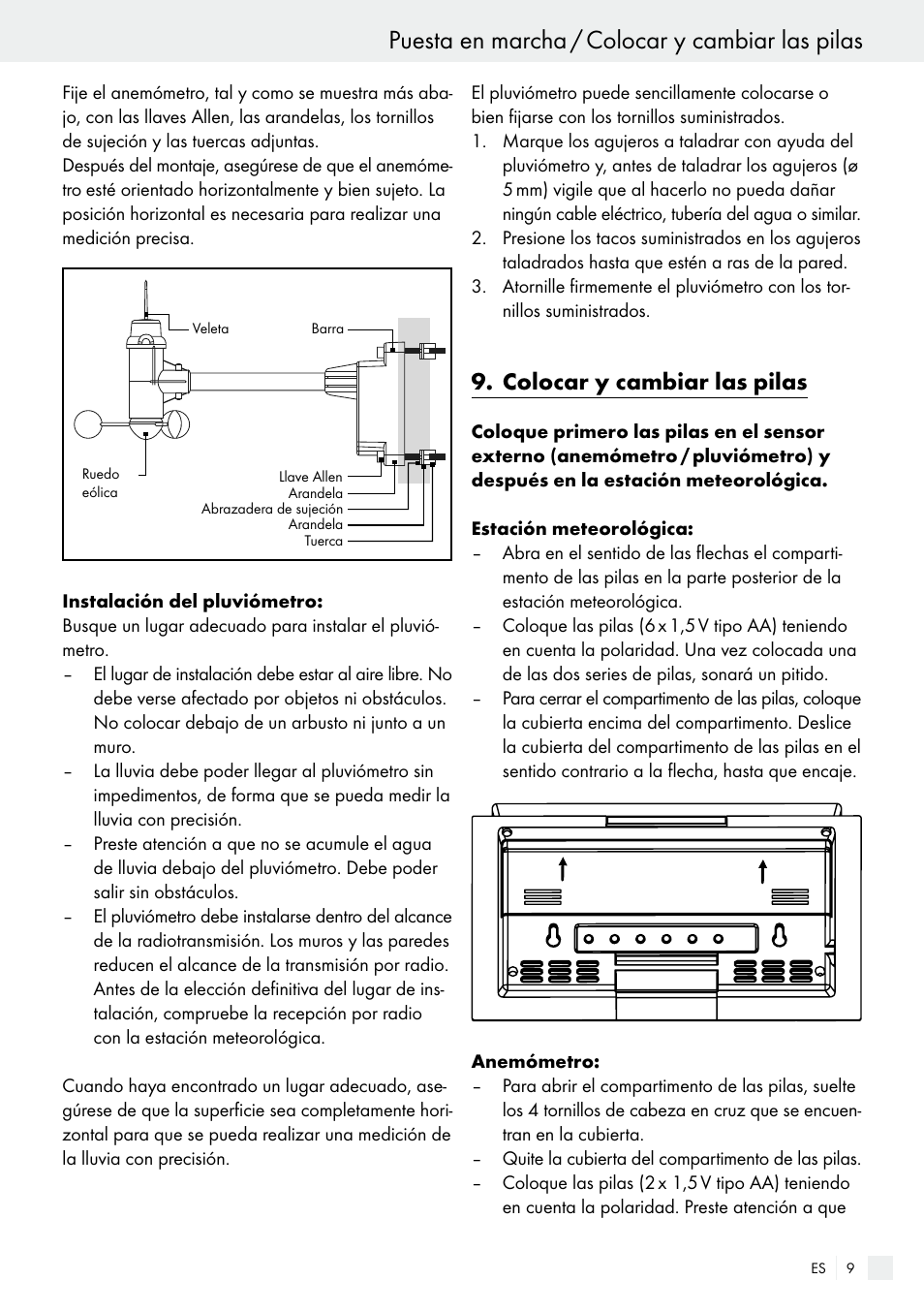 colocar y cambiar las pilas, Puesta en marcha / colocar y cambiar las pilas, Colocar y cambiar las pilas | Auriol H13726 User Manual | Page 9 / 104