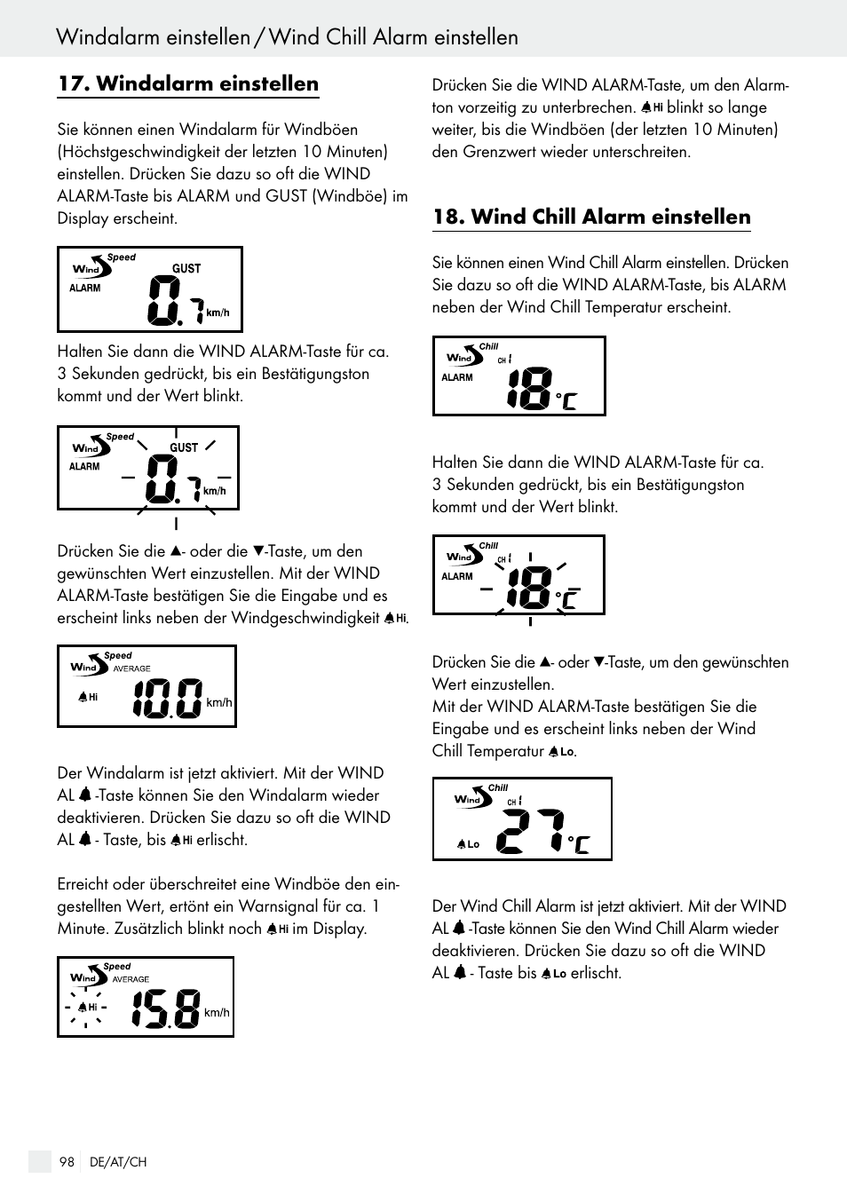 Windalarm einstellen / wind chill alarm einstellen | Auriol H13726 User Manual | Page 98 / 104