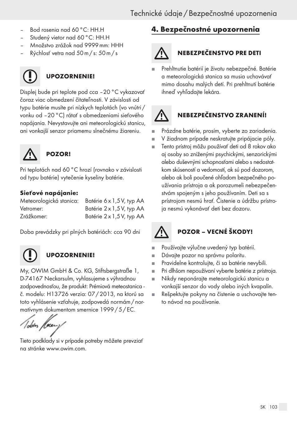 Technické údaje / bezpečnostné upozornenia, Bezpečnostné upozornenia | Auriol H13726 User Manual | Page 103 / 141