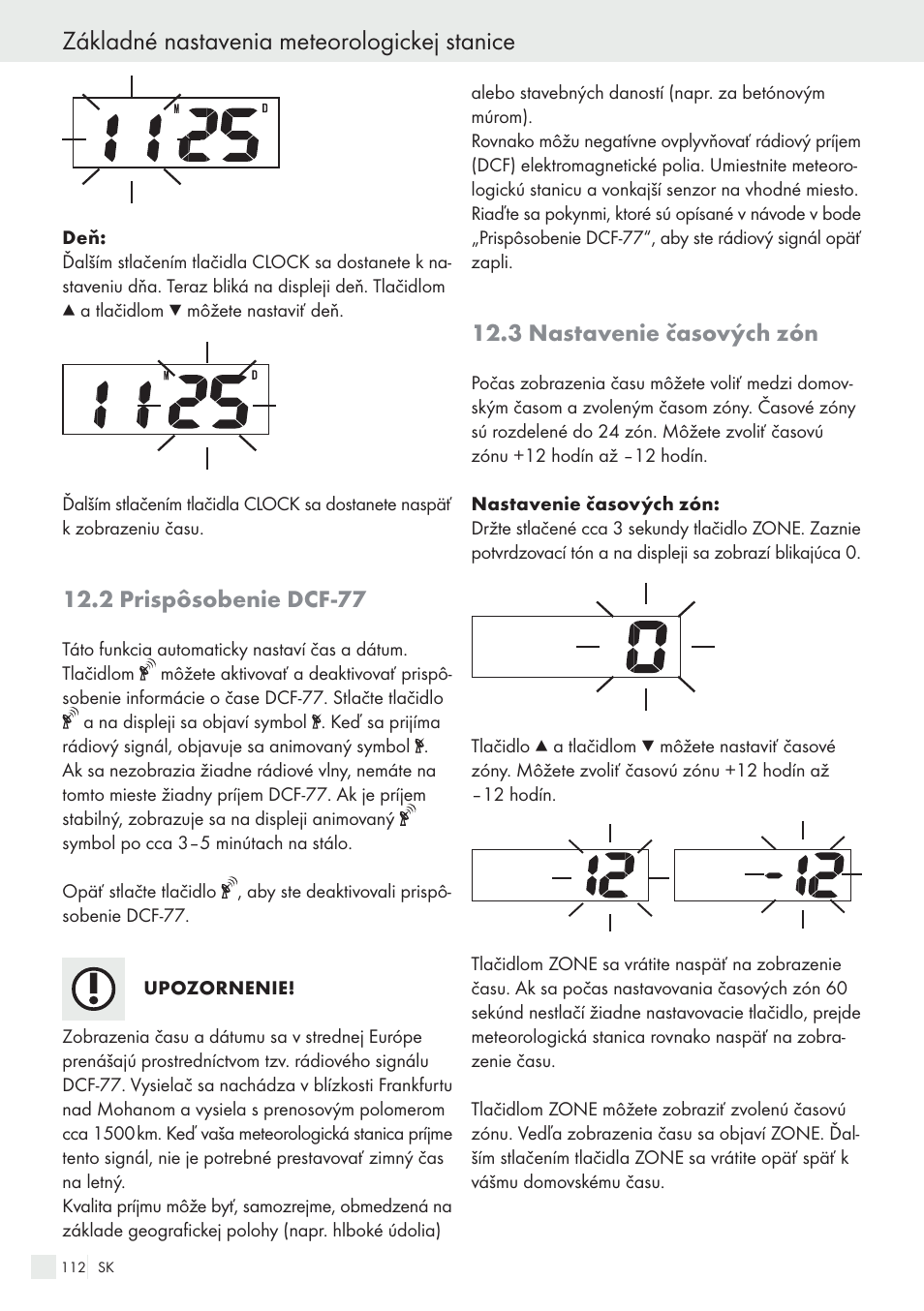 Základné nastavenia meteorologickej stanice, 2 prispôsobenie dcf-77, 3 nastavenie časových zón | Auriol H13726 User Manual | Page 112 / 141