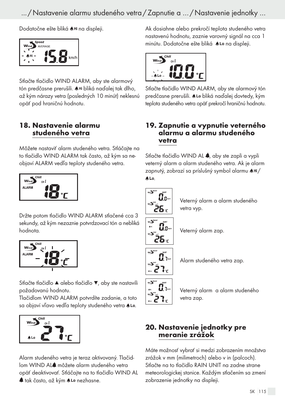 Nastavenie alarmu studeného vetra, Nastavenie jednotky pre meranie zrážok | Auriol H13726 User Manual | Page 115 / 141