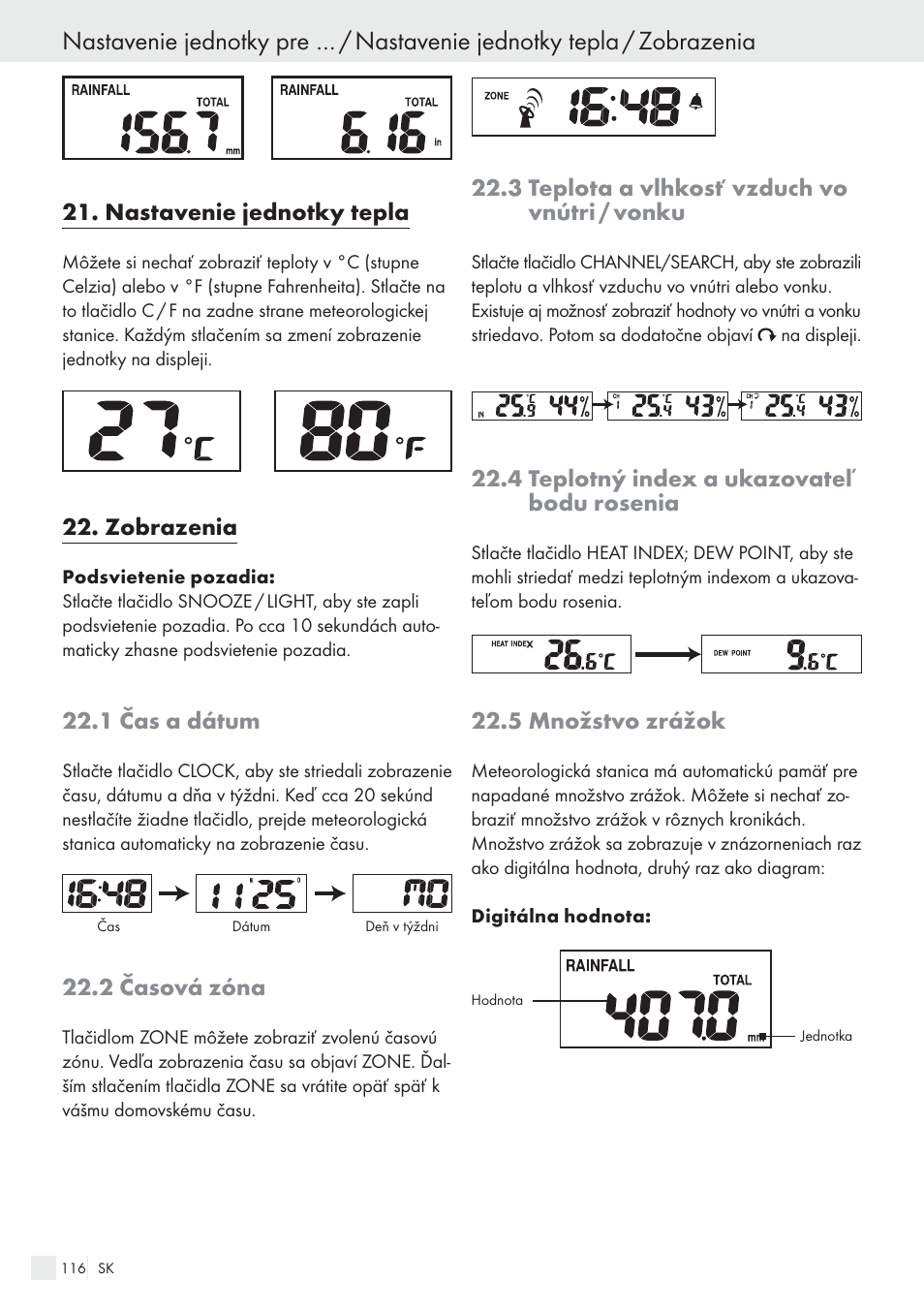 Nastavenie jednotky tepla, Zobrazenia, 1 čas a dátum | 2 časová zóna, 3 teplota a vlhkosť vzduch vo vnútri / vonku, 4 teplotný index a ukazovateľ bodu rosenia, 5 množstvo zrážok | Auriol H13726 User Manual | Page 116 / 141