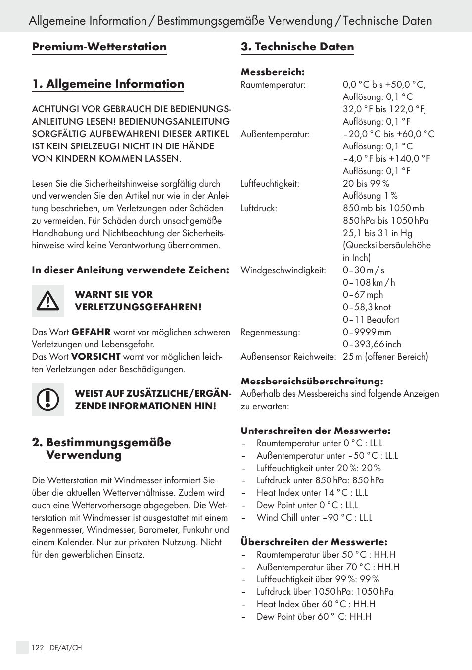 Premium-wetterstation 1. allgemeine information, Bestimmungsgemäße verwendung, Technische daten | Auriol H13726 User Manual | Page 122 / 141