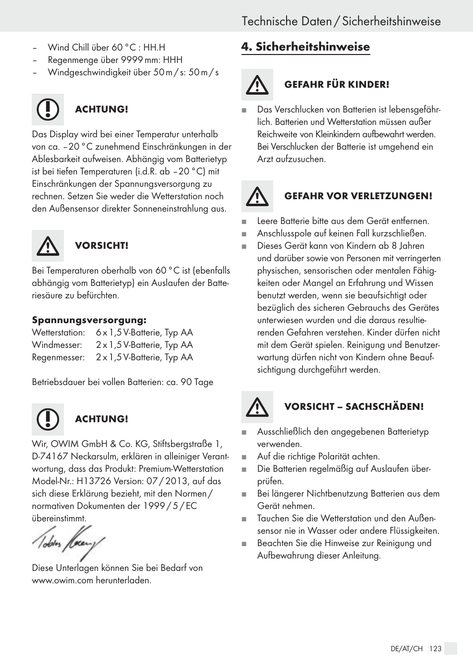 Technische daten / sicherheitshinweise, Sicherheitshinweise | Auriol H13726 User Manual | Page 123 / 141
