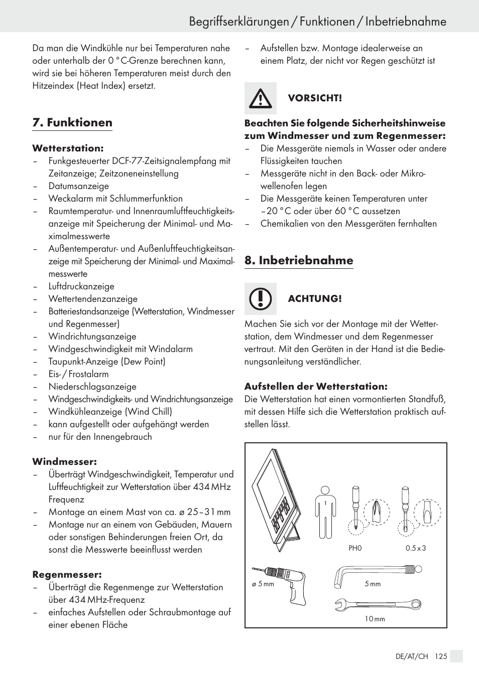 Begriffserklärungen / funktionen / inbetriebnahme, Funktionen, Inbetriebnahme | Auriol H13726 User Manual | Page 125 / 141