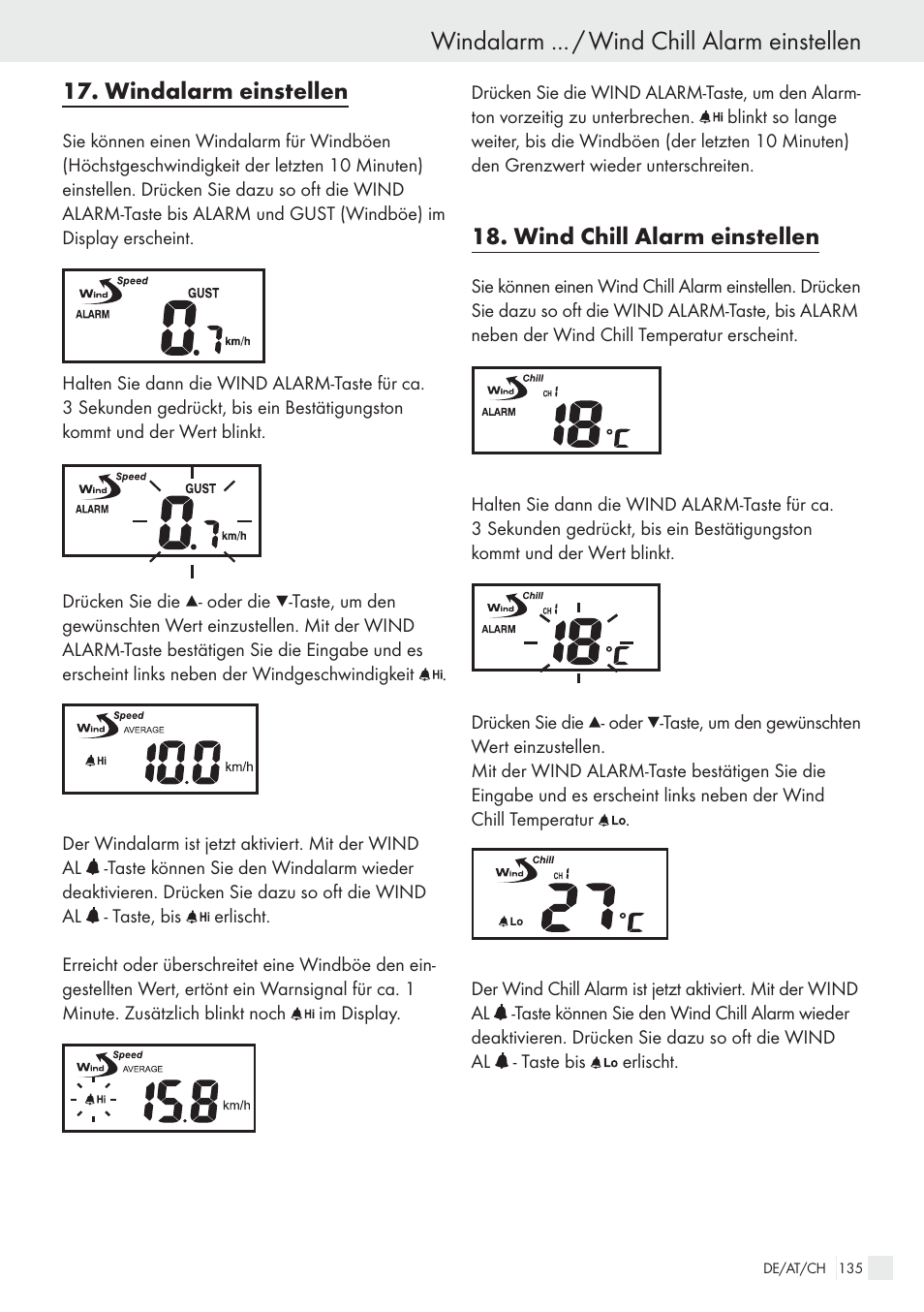 Windalarm ... / wind chill alarm einstellen, Windalarm einstellen, Wind chill alarm einstellen | Auriol H13726 User Manual | Page 135 / 141