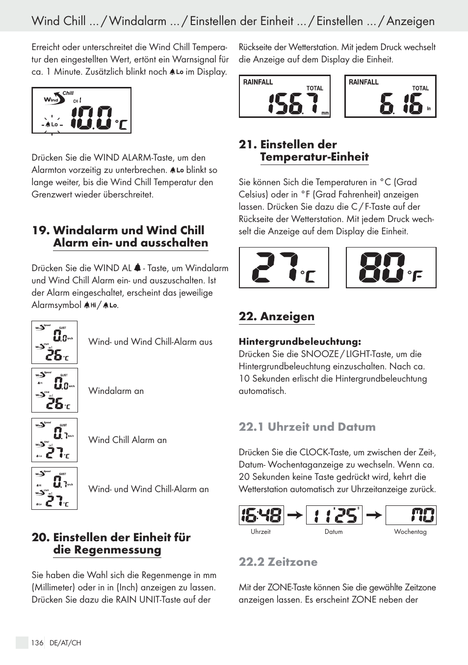 Einstellen der einheit für die regenmessung, Einstellen der temperatur-einheit, Anzeigen | 1 uhrzeit und datum, 2 zeitzone | Auriol H13726 User Manual | Page 136 / 141