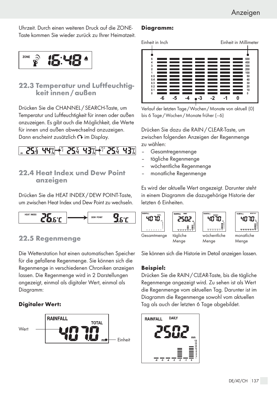 Anzeigen, 3 temperatur und luftfeuchtig- keit innen / außen, 4 heat index und dew point anzeigen | 5 regenmenge | Auriol H13726 User Manual | Page 137 / 141