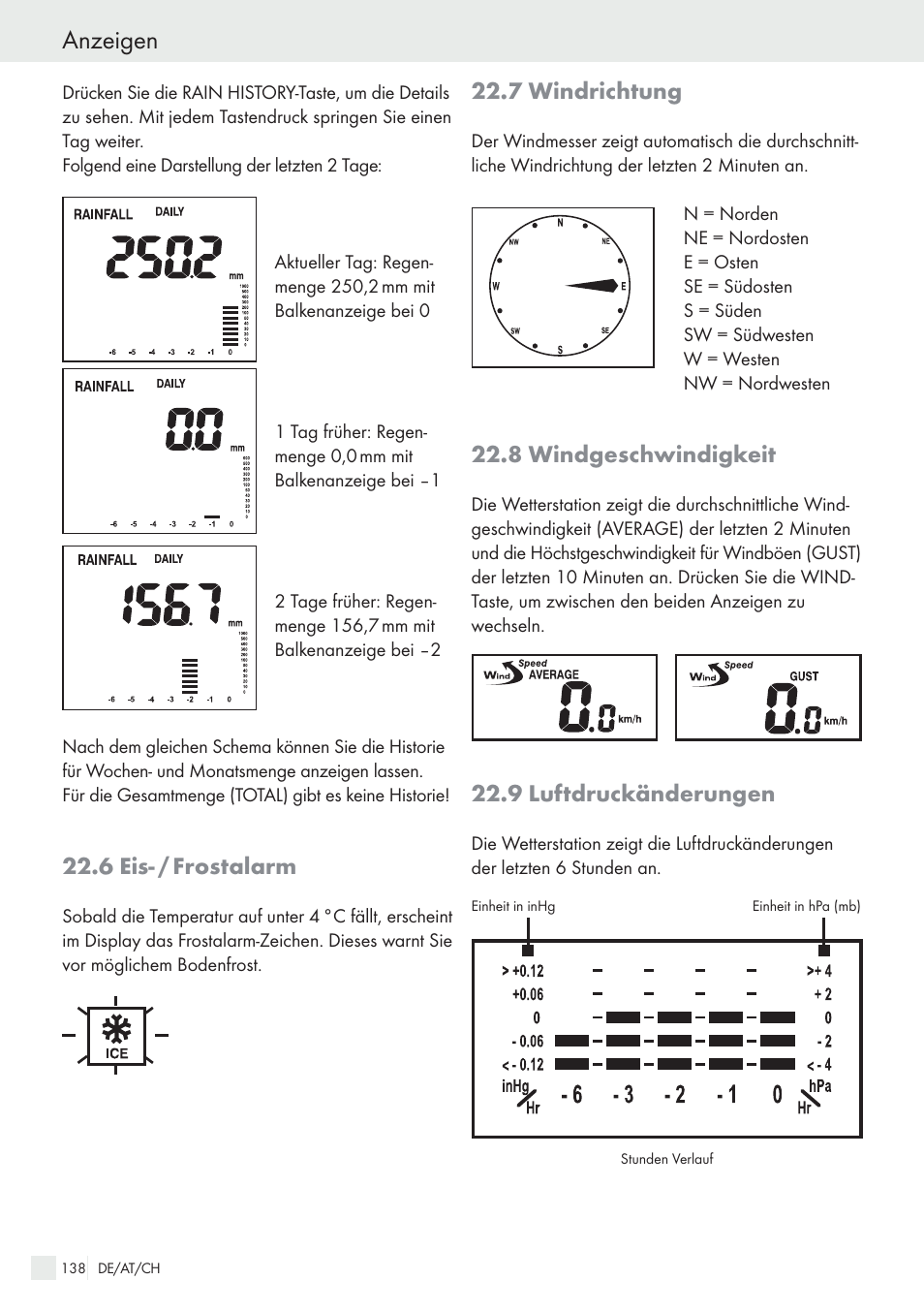 Anzeigen, 6 eis- / frostalarm, 7 windrichtung | 8 windgeschwindigkeit, 9 luftdruckänderungen | Auriol H13726 User Manual | Page 138 / 141