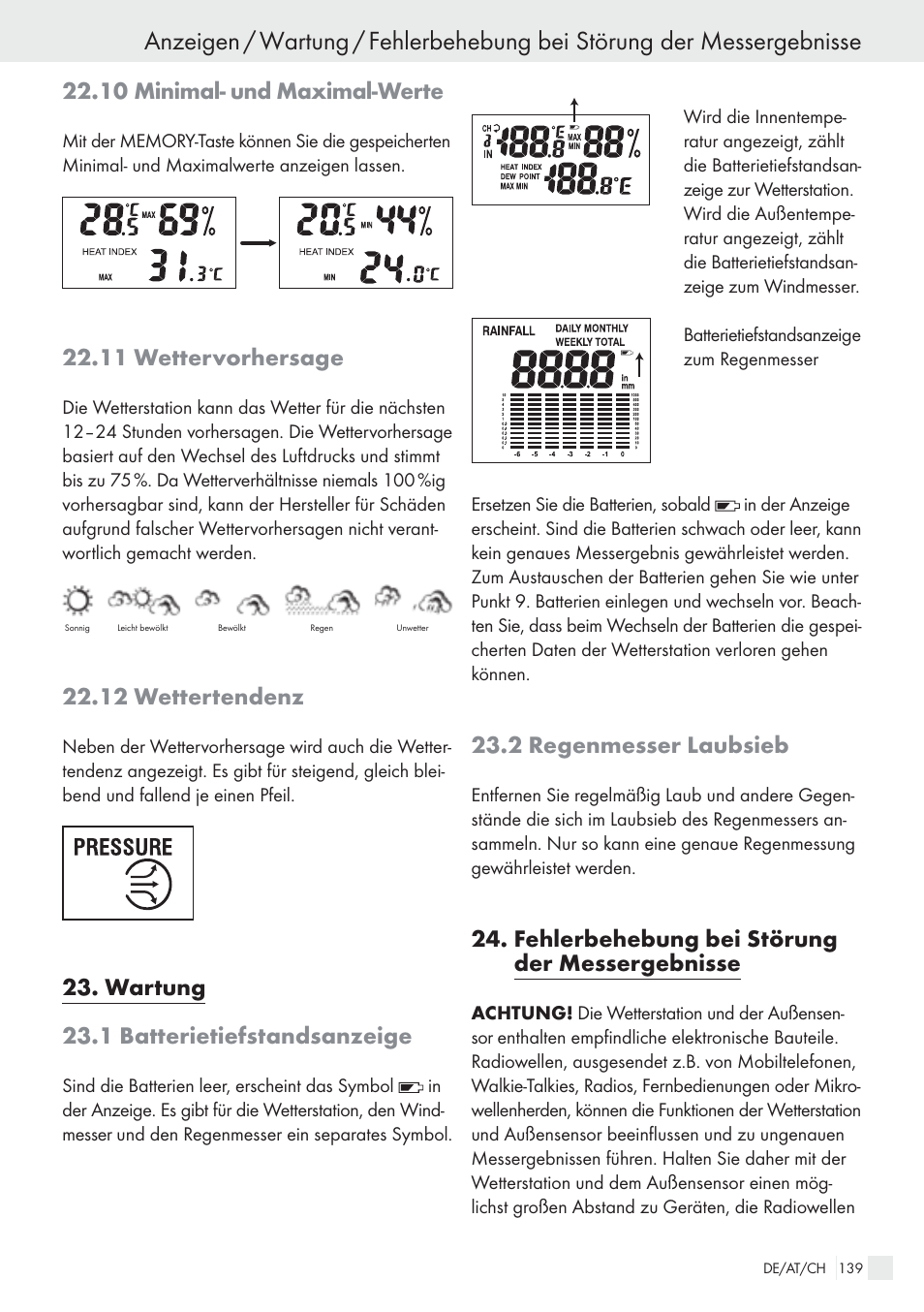 10 minimal- und maximal-werte, 11 wettervorhersage, 12 wettertendenz | Wartung 23.1 batterietiefstandsanzeige, 2 regenmesser laubsieb, Fehlerbehebung bei störung der messergebnisse | Auriol H13726 User Manual | Page 139 / 141