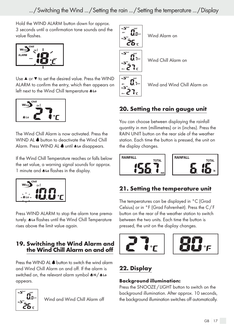 Setting the rain gauge unit, Setting the temperature unit, Display | Auriol H13726 User Manual | Page 17 / 141