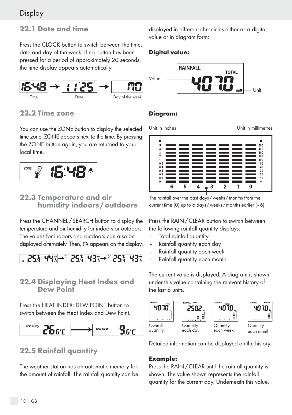 Display, 1 date and time, 2 time zone | 3 temperature and air humidity indoors / outdoors, 4 displaying heat index and dew point, 5 rainfall quantity | Auriol H13726 User Manual | Page 18 / 141