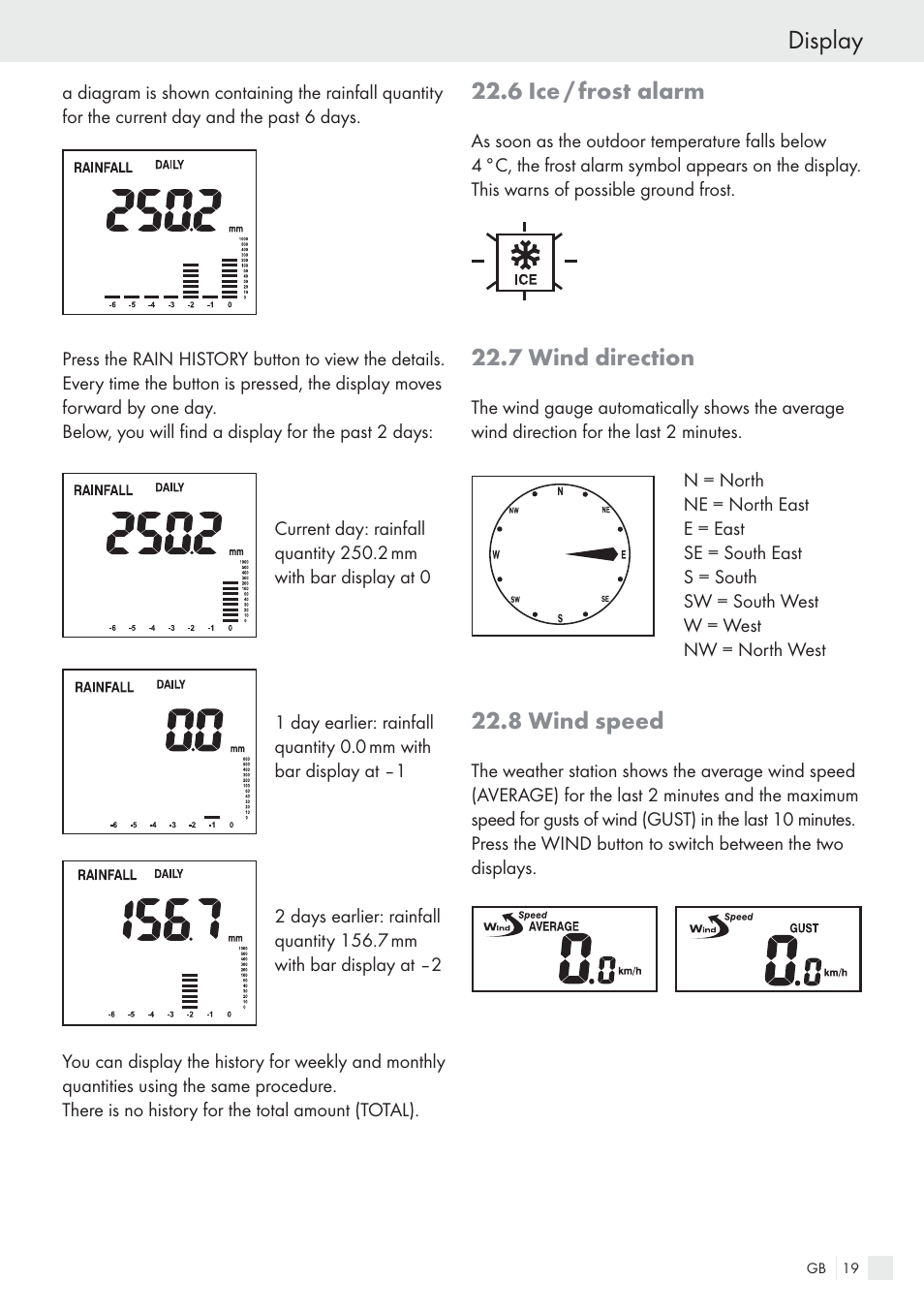 Display, 6 ice / frost alarm, 7 wind direction | 8 wind speed | Auriol H13726 User Manual | Page 19 / 141