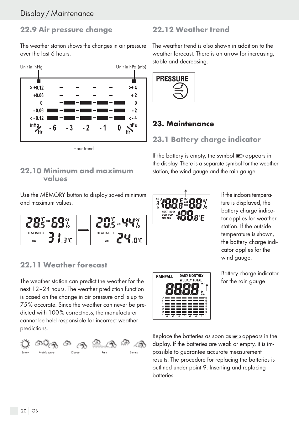 Display / maintenance, 9 air pressure change, 10 minimum and maximum values | 11 weather forecast, 12 weather trend, Maintenance 23.1 battery charge indicator | Auriol H13726 User Manual | Page 20 / 141