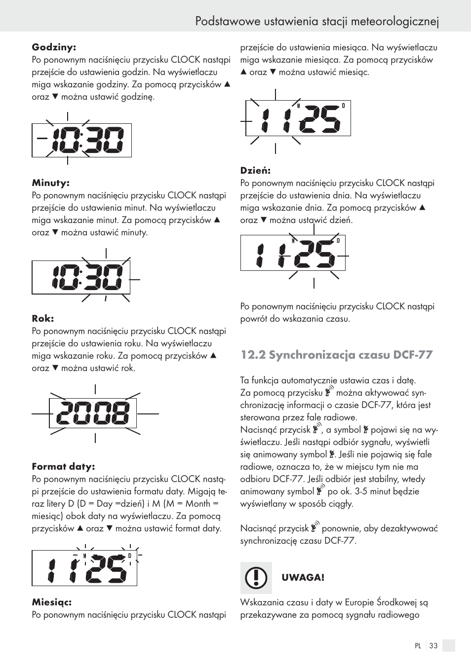 Podstawowe ustawienia stacji meteorologicznej, 2 synchronizacja czasu dcf-77 | Auriol H13726 User Manual | Page 33 / 141