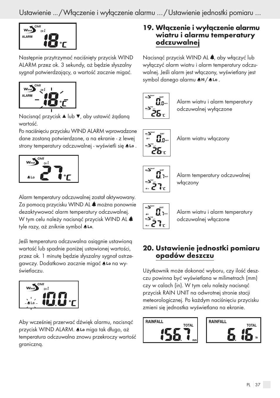 Ustawienie jednostki pomiaru opadów deszczu | Auriol H13726 User Manual | Page 37 / 141