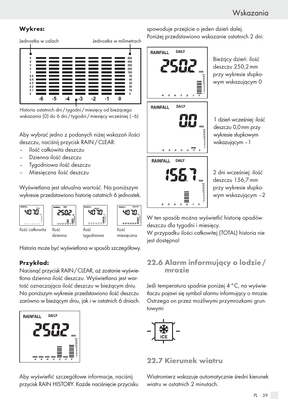 Wskazania, 6 alarm informujący o lodzie / mrozie, 7 kierunek wiatru | Auriol H13726 User Manual | Page 39 / 141