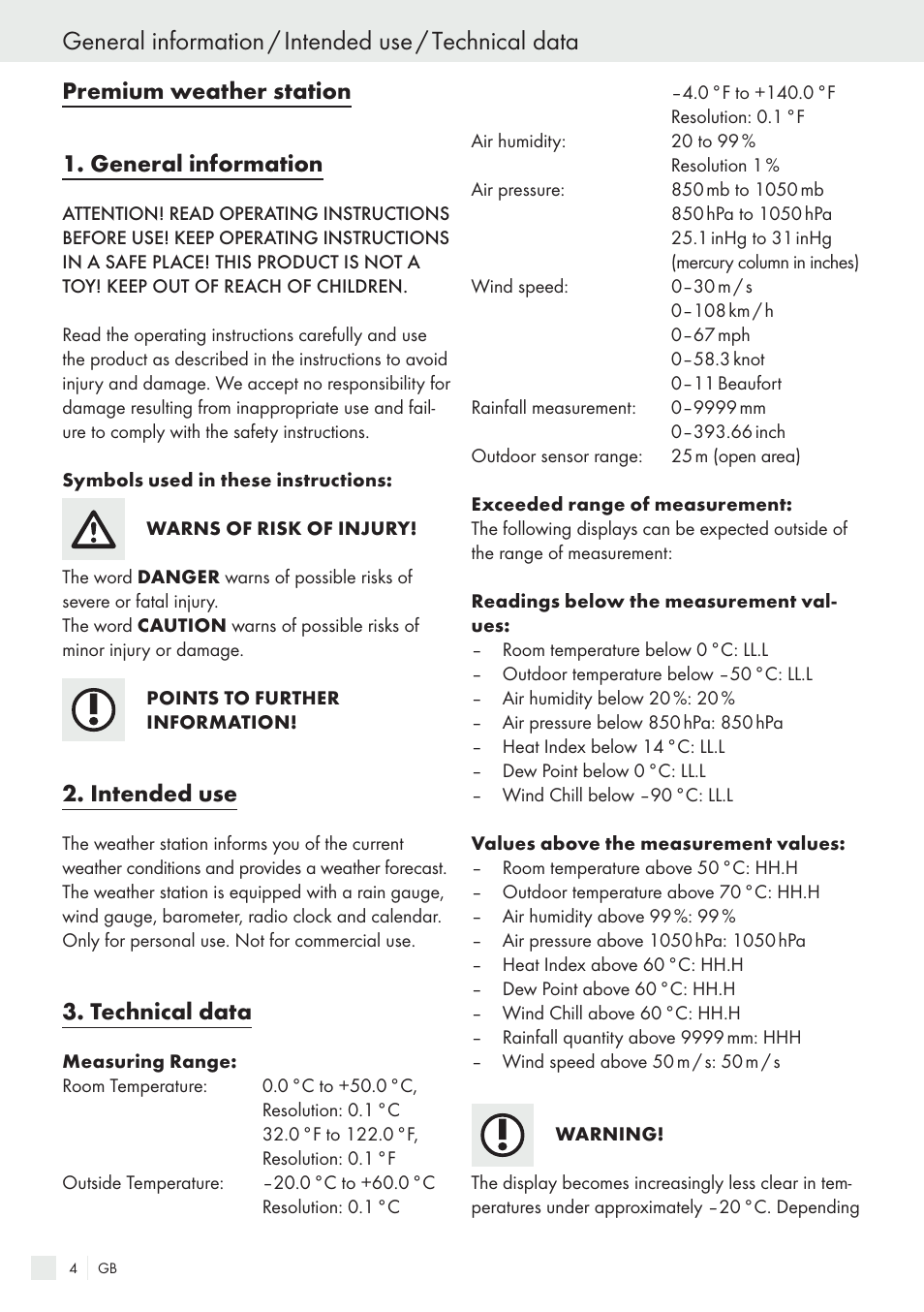 Premium weather station 1. general information, Intended use, Technical data | Auriol H13726 User Manual | Page 4 / 141
