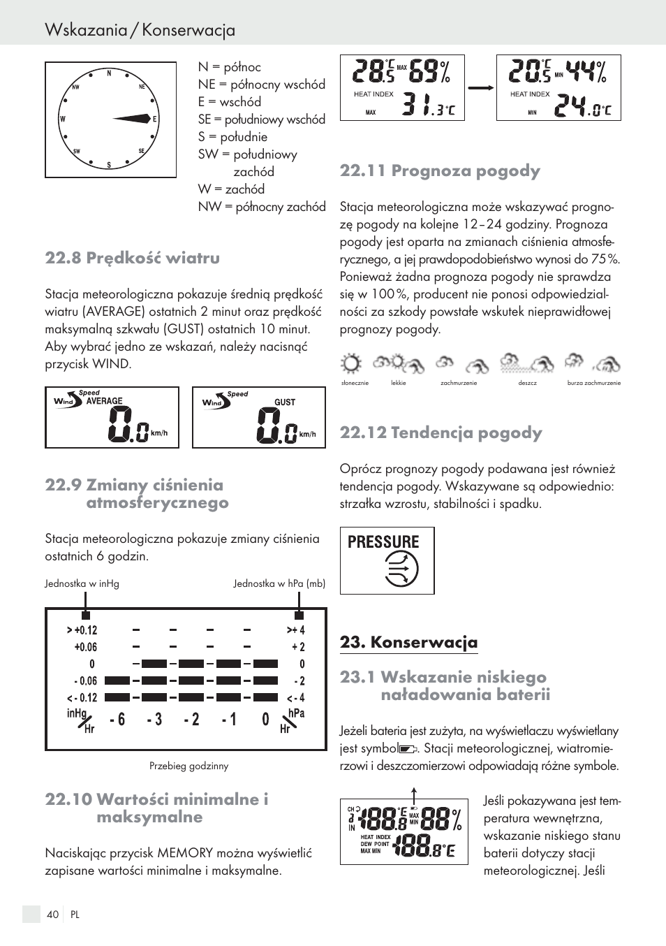 Wskazania / konserwacja, 8 prędkość wiatru, 9 zmiany ciśnienia atmosferycznego | 10 wartości minimalne i maksymalne, 11 prognoza pogody, 12 tendencja pogody | Auriol H13726 User Manual | Page 40 / 141