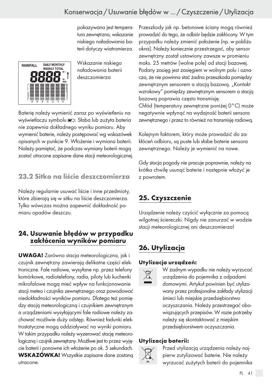 2 sitko na liście deszczomierza, Czyszczenie, Utylizacja | Auriol H13726 User Manual | Page 41 / 141