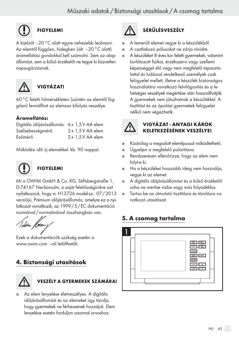 Biztonsági utasítások, A csomag tartalma | Auriol H13726 User Manual | Page 45 / 141