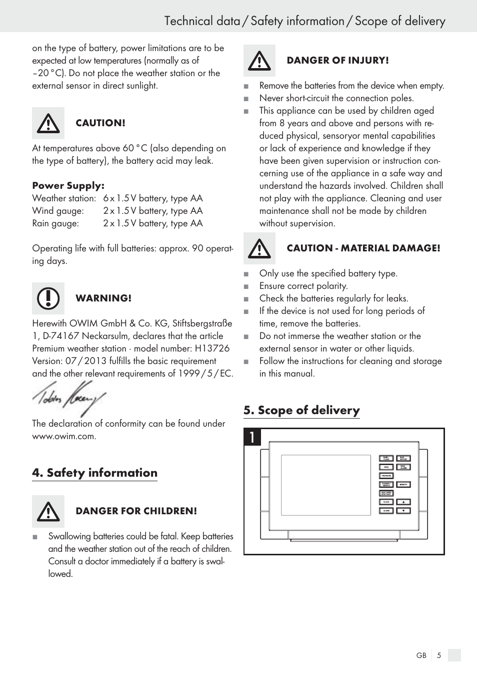 Safety information, Scope of delivery | Auriol H13726 User Manual | Page 5 / 141