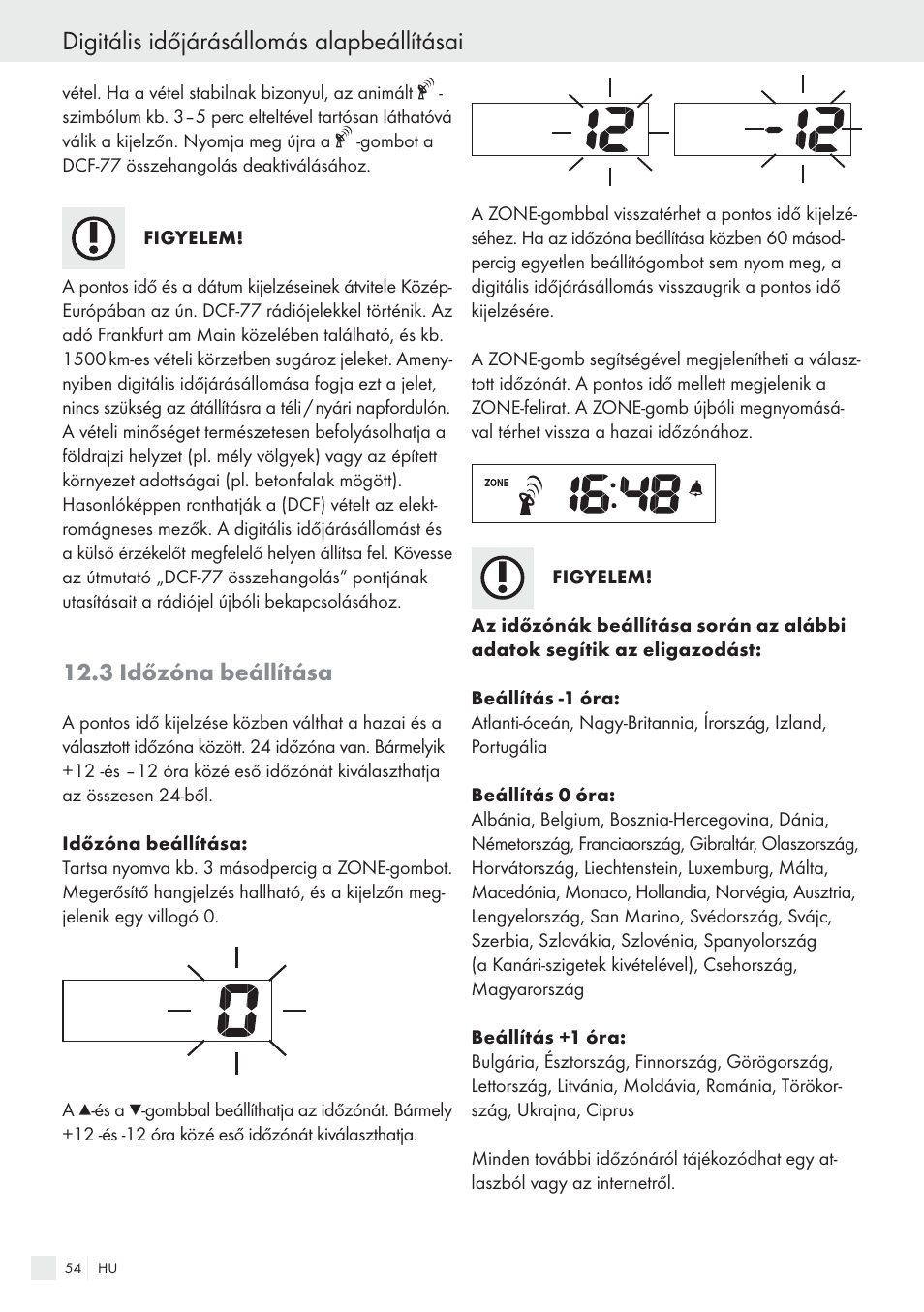 Digitális időjárásállomás alapbeállításai, 3 időzóna beállítása | Auriol H13726 User Manual | Page 54 / 141