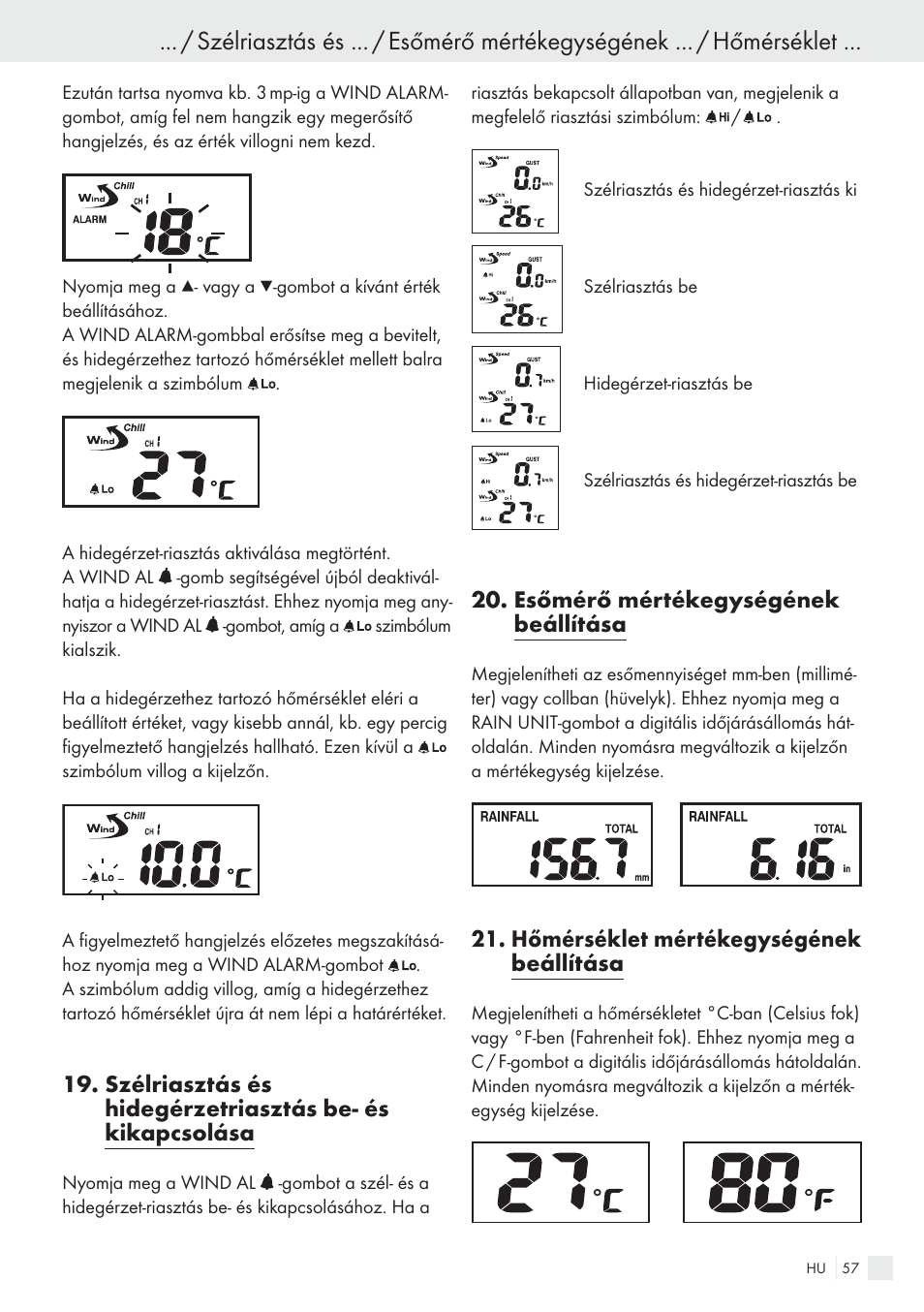 Esőmérő mértékegységének beállítása, Hőmérséklet mértékegységének beállítása | Auriol H13726 User Manual | Page 57 / 141
