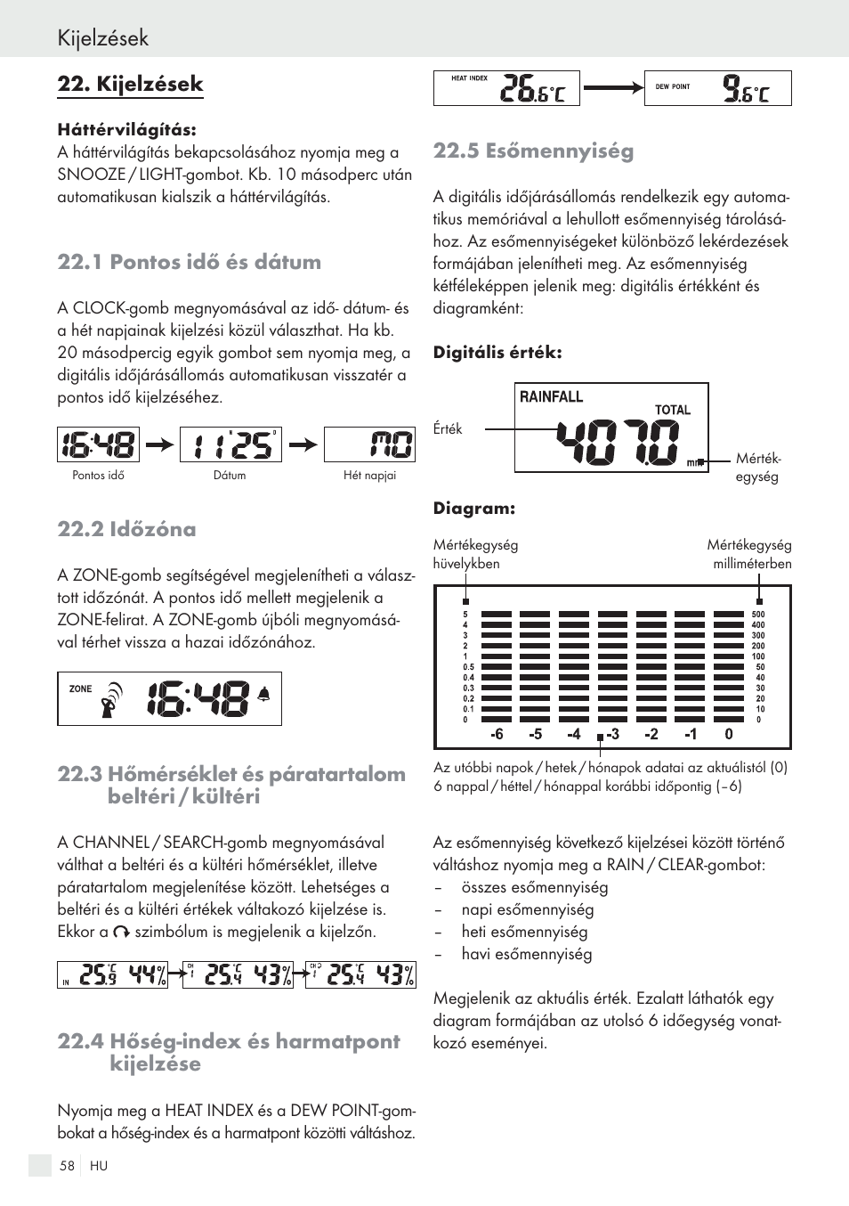Kijelzések, 1 pontos idő és dátum, 2 időzóna | 3 hőmérséklet és páratartalom beltéri / kültéri, 4 hőség-index és harmatpont kijelzése, 5 esőmennyiség | Auriol H13726 User Manual | Page 58 / 141
