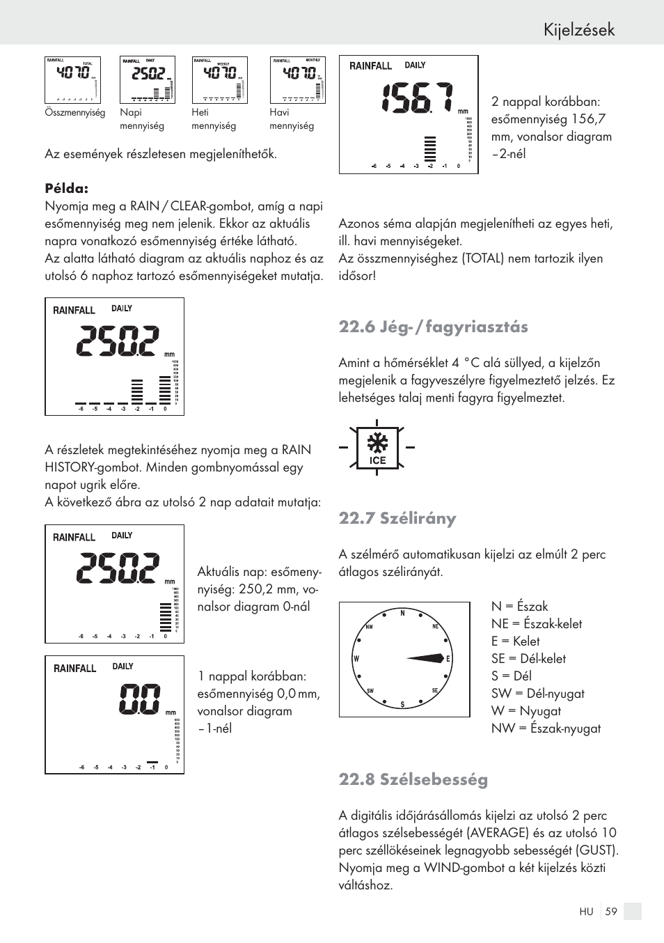 Kijelzések, 6 jég- / fagyriasztás, 7 szélirány | 8 szélsebesség | Auriol H13726 User Manual | Page 59 / 141