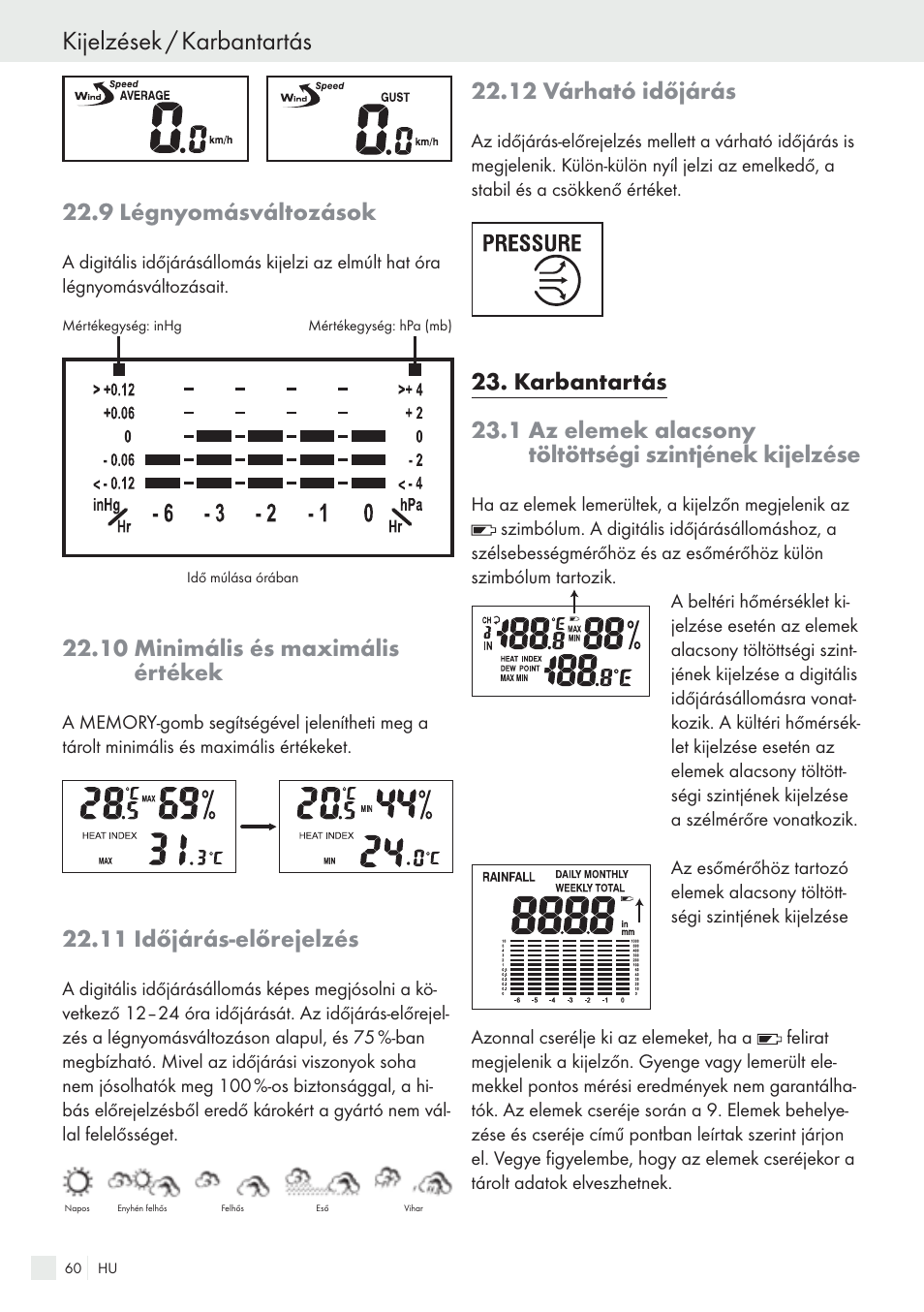 Kijelzések / karbantartás, 9 légnyomásváltozások, 10 minimális és maximális értékek | 11 időjárás-előrejelzés, 12 várható időjárás | Auriol H13726 User Manual | Page 60 / 141