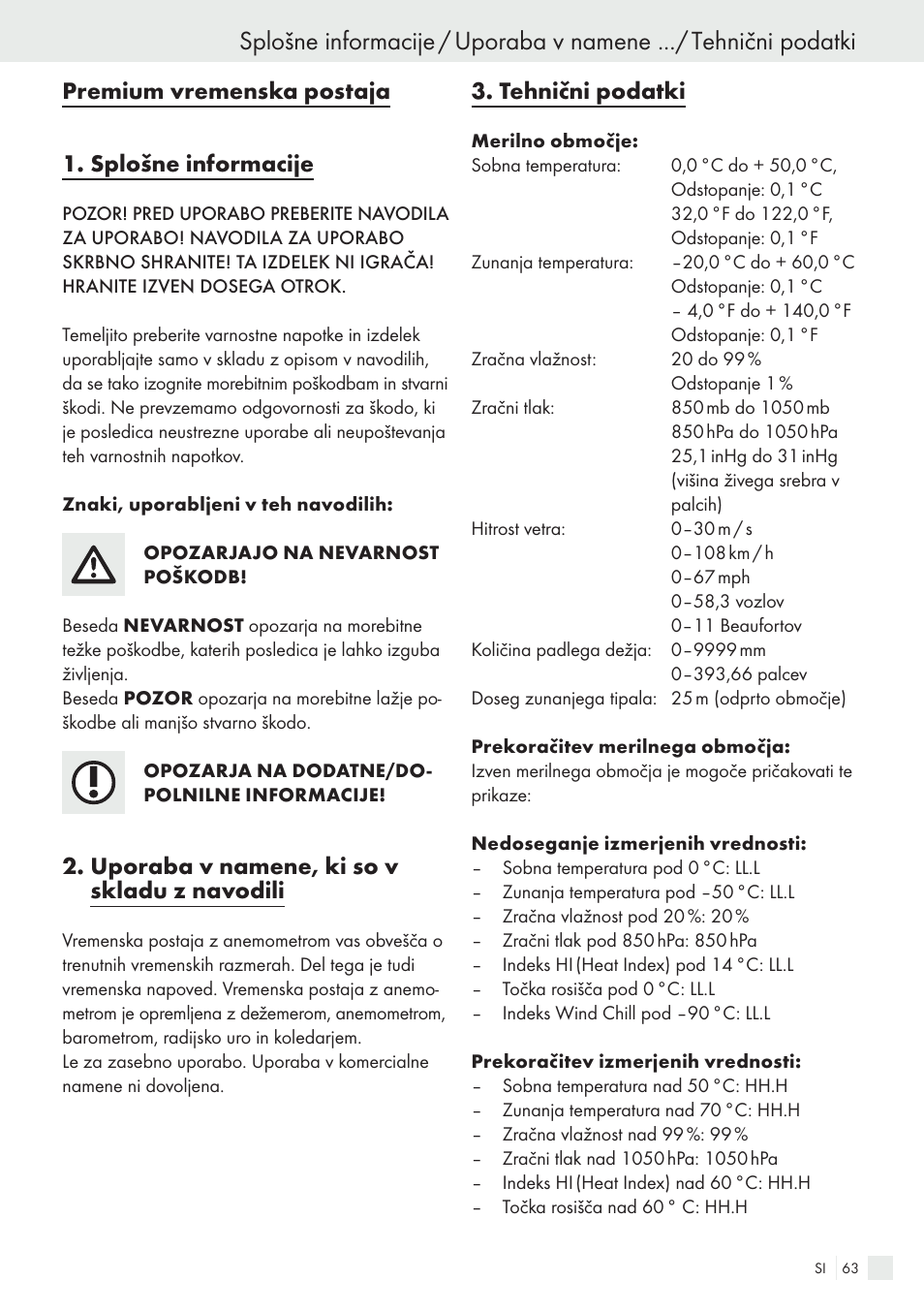 Premium vremenska postaja 1. splošne informacije, Uporaba v namene, ki so v skladu z navodili, Tehnični podatki | Auriol H13726 User Manual | Page 63 / 141