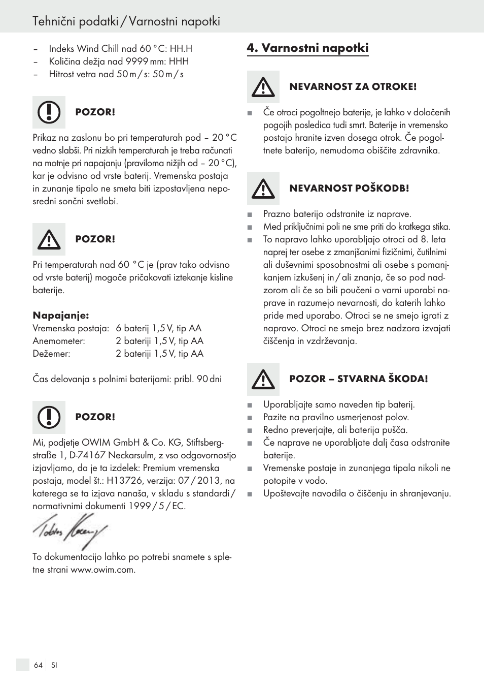 Tehnični podatki / varnostni napotki, Varnostni napotki | Auriol H13726 User Manual | Page 64 / 141