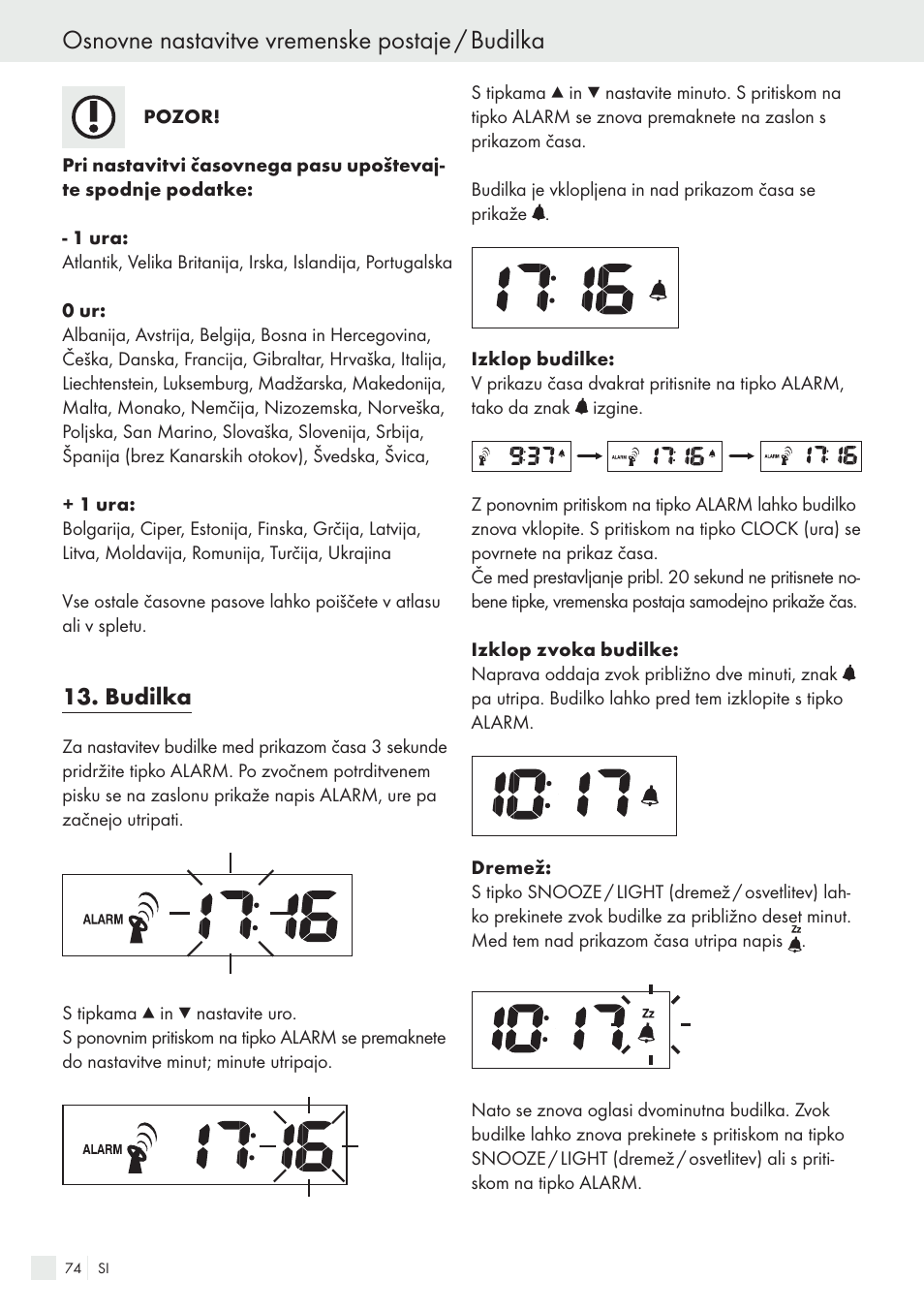 Osnovne nastavitve vremenske postaje / budilka, Budilka | Auriol H13726 User Manual | Page 74 / 141