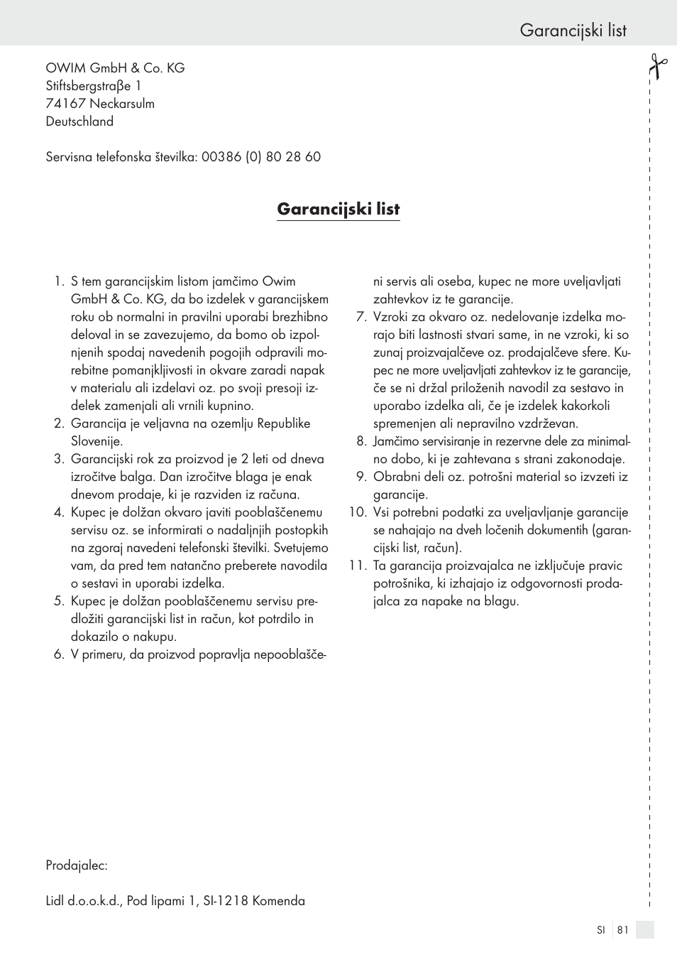 Garancijski list | Auriol H13726 User Manual | Page 81 / 141