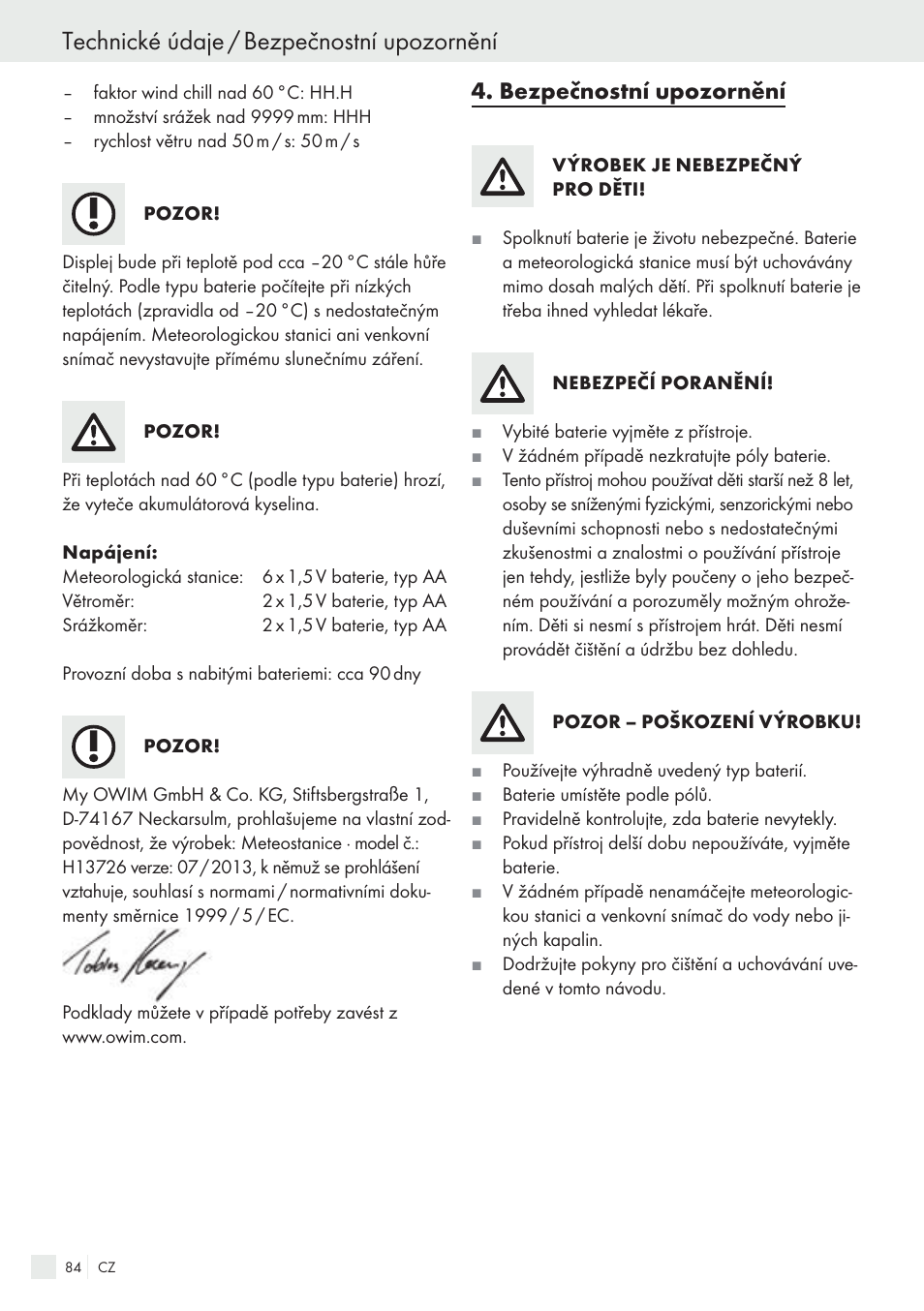 Technické údaje / bezpečnostní upozornění, Bezpečnostní upozornění | Auriol H13726 User Manual | Page 84 / 141