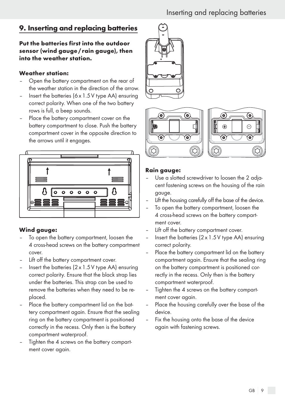 Inserting and replacing batteries | Auriol H13726 User Manual | Page 9 / 141