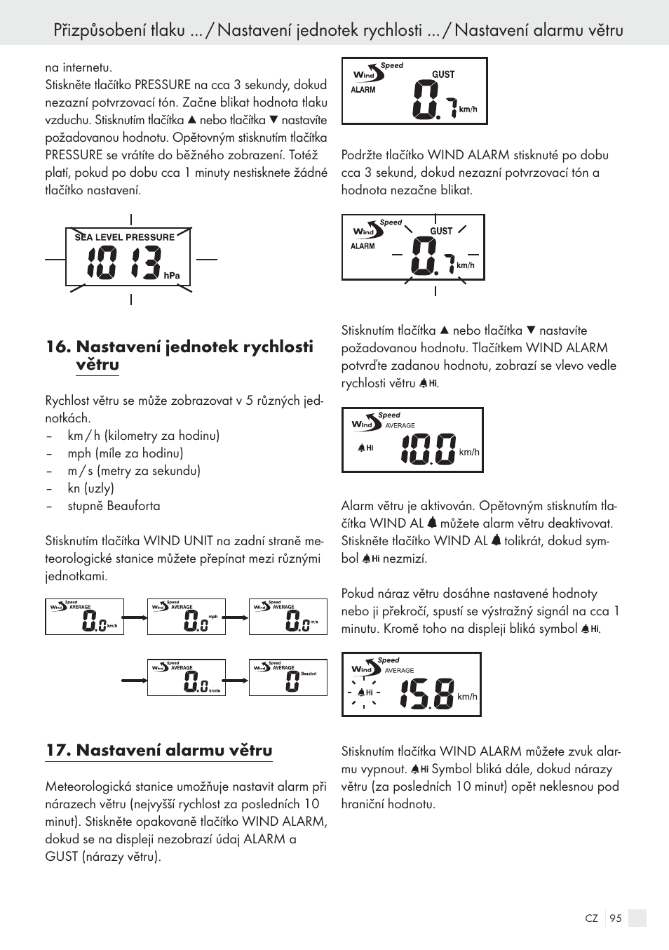 Nastavení alarmu větru | Auriol H13726 User Manual | Page 95 / 141