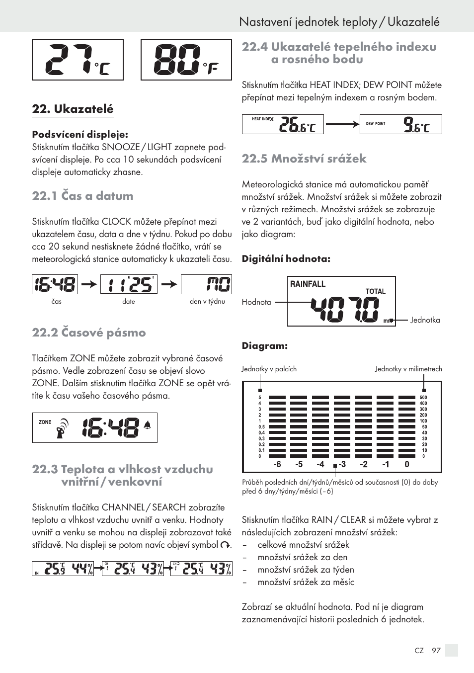 Ukazatelé, 1 čas a datum, 2 časové pásmo | 3 teplota a vlhkost vzduchu vnitřní / venkovní, 4 ukazatelé tepelného indexu a rosného bodu, 5 množství srážek | Auriol H13726 User Manual | Page 97 / 141