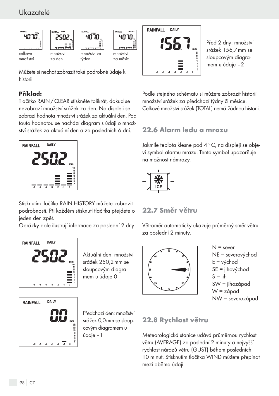 Ukazatelé, 6 alarm ledu a mrazu, 7 směr větru | 8 rychlost větru | Auriol H13726 User Manual | Page 98 / 141