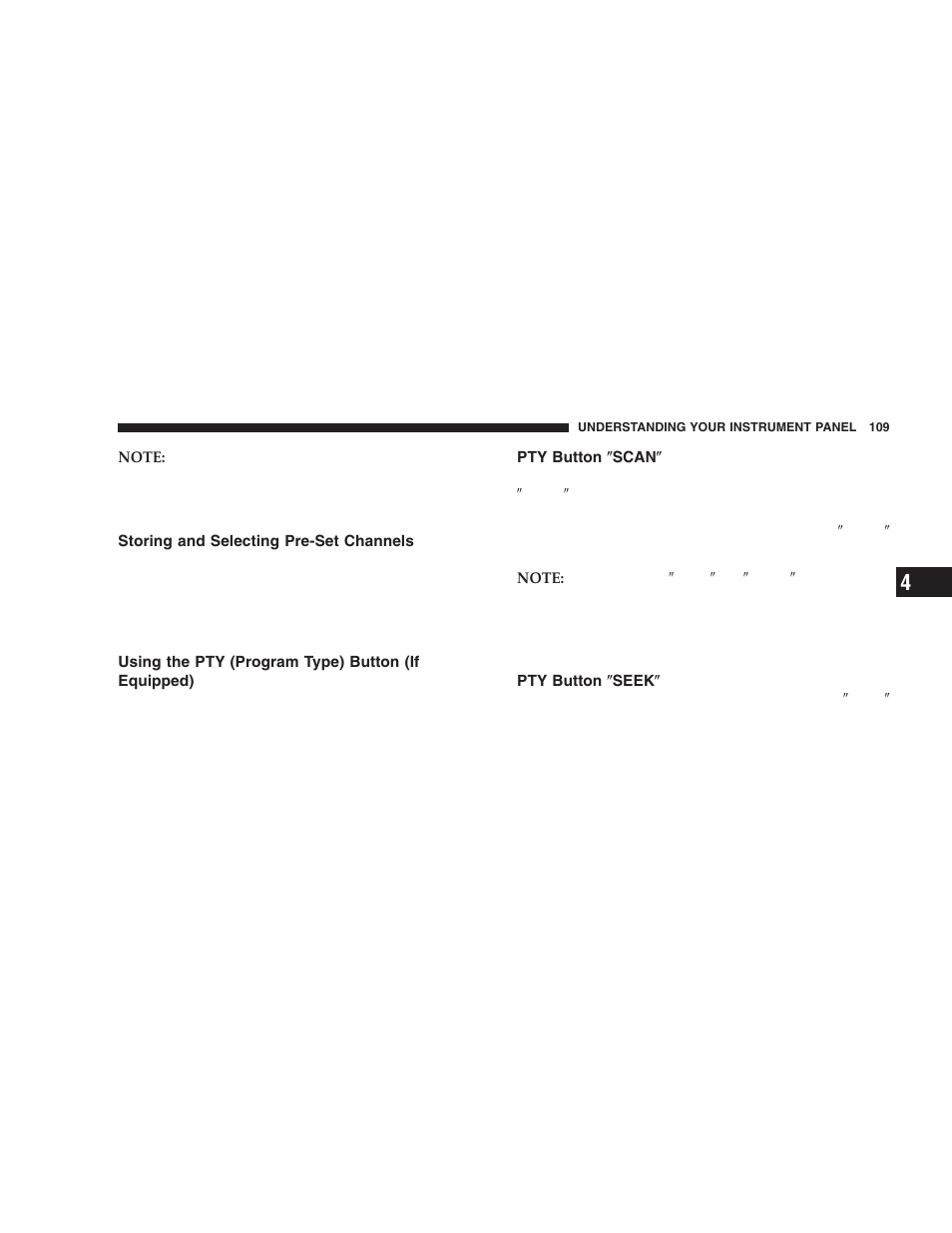 Storing and selecting pre-set channels, Using the pty (program type) button (if, Equipped) | Pty button љscanљ, Pty button љseekљ | Dodge 2006 ZB Viper User Manual | Page 109 / 264