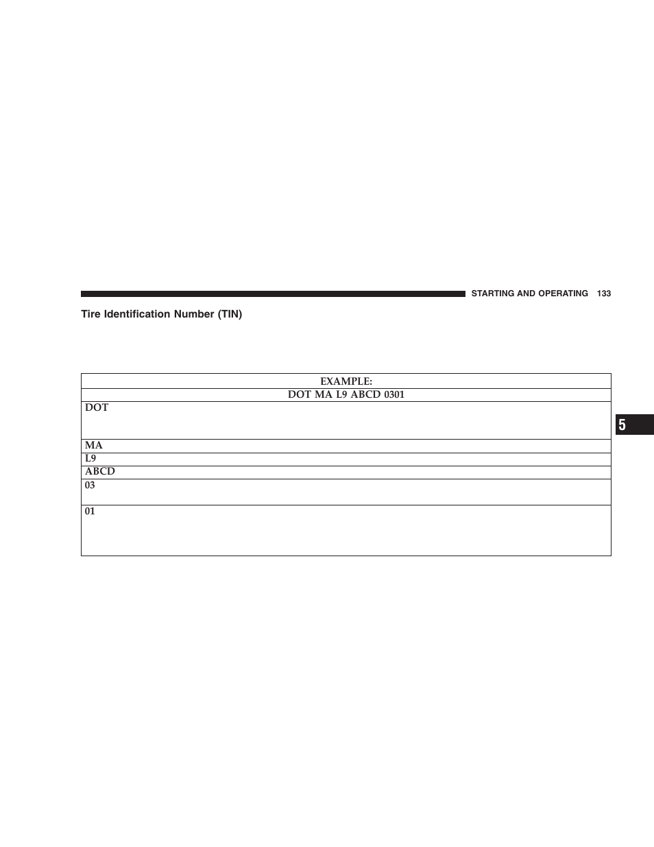 Tire identification number (tin) | Dodge 2006 ZB Viper User Manual | Page 133 / 264