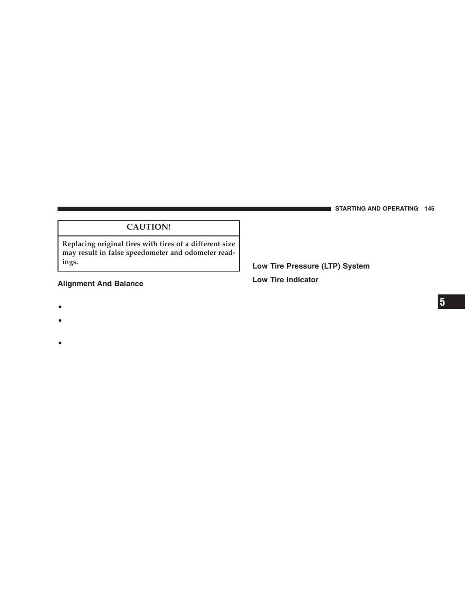 Alignment and balance, Low tire pressure (ltp) system, Low tire indicator | Dodge 2006 ZB Viper User Manual | Page 145 / 264