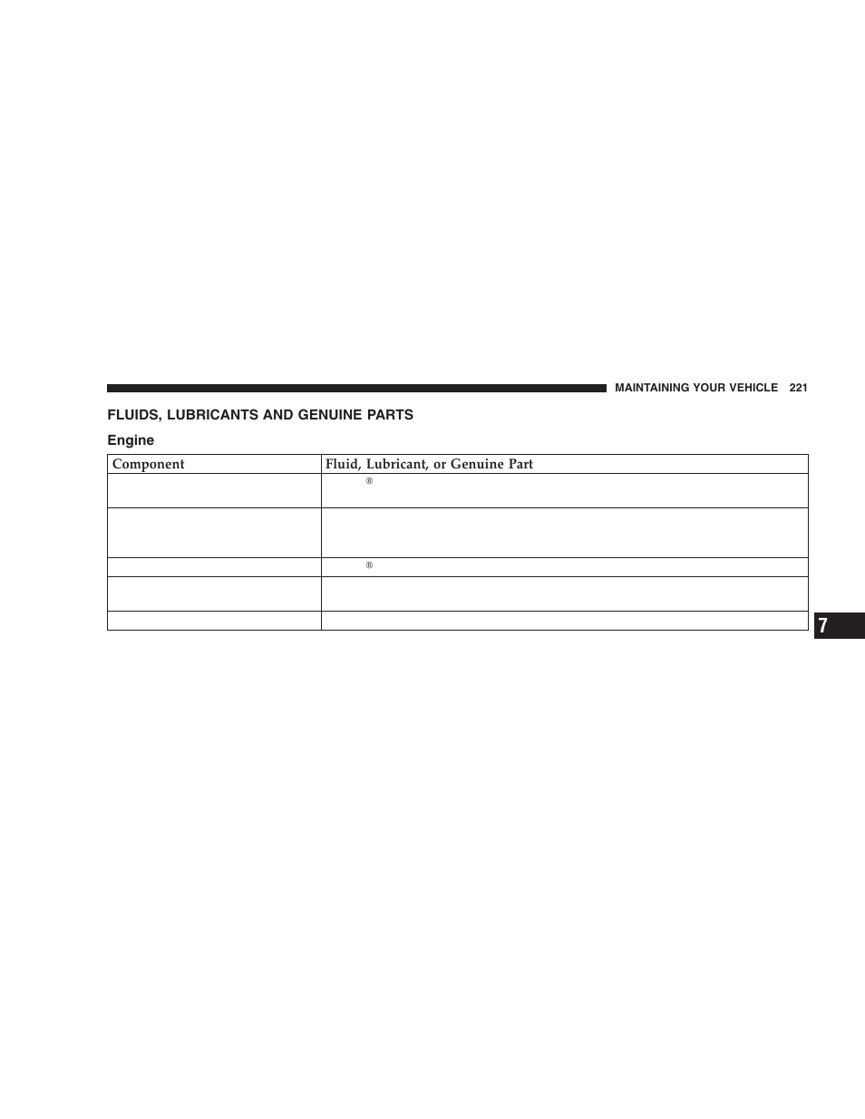 Fluids, lubricants and genuine parts, Engine | Dodge 2006 ZB Viper User Manual | Page 221 / 264