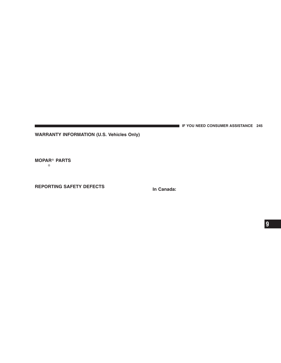 Warranty information (u.s. vehicles only), Mopar௡ parts, Reporting safety defects | In canada | Dodge 2006 ZB Viper User Manual | Page 245 / 264