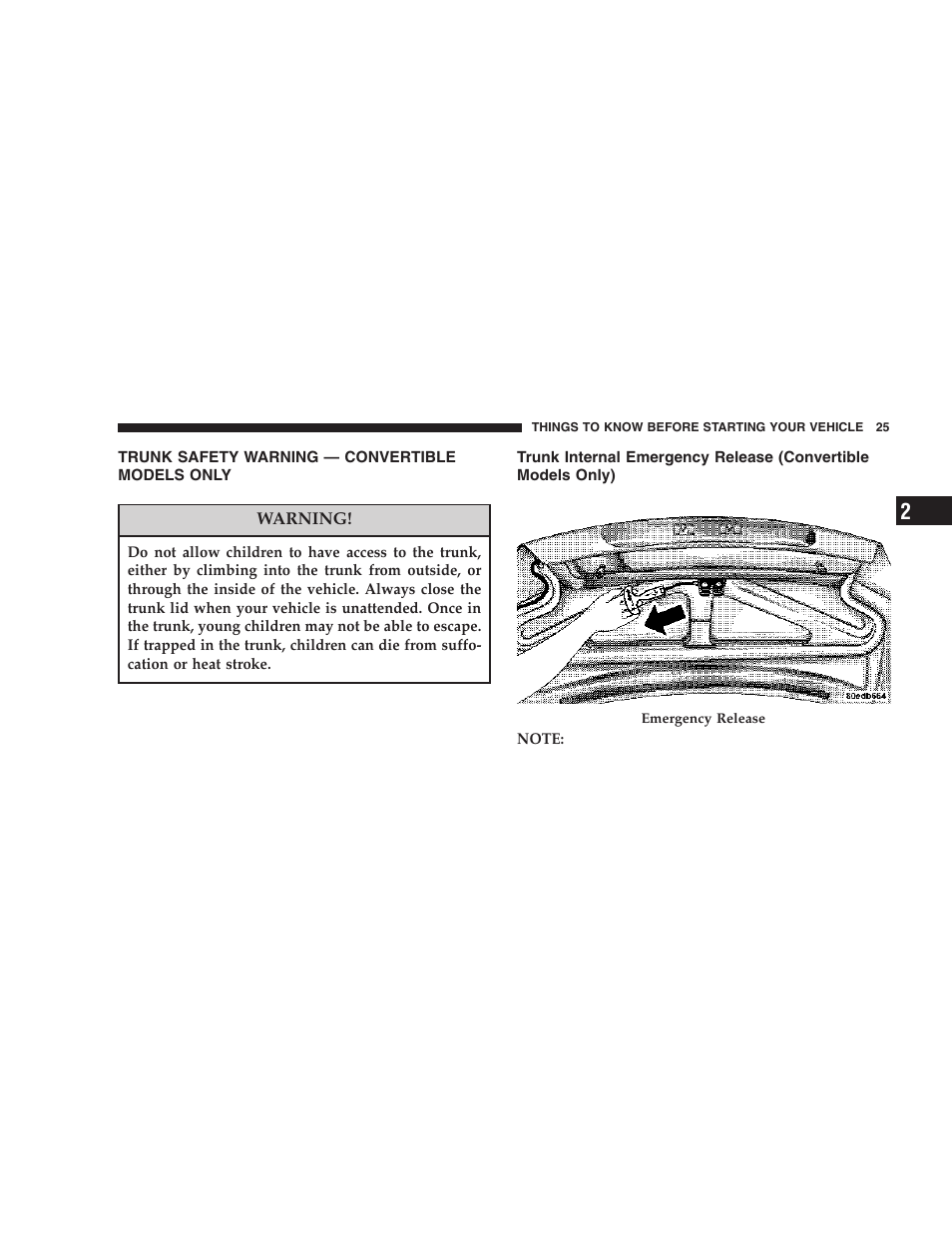 Trunk safety warning — convertible models, Only, Trunk internal emergency release | Convertible models only) | Dodge 2006 ZB Viper User Manual | Page 25 / 264