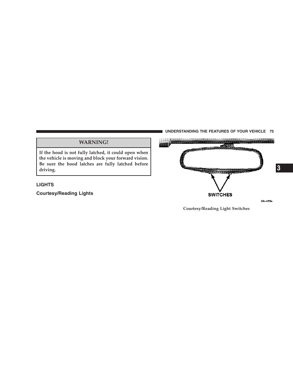 Lights, Courtesy/reading lights | Dodge 2006 ZB Viper User Manual | Page 75 / 264